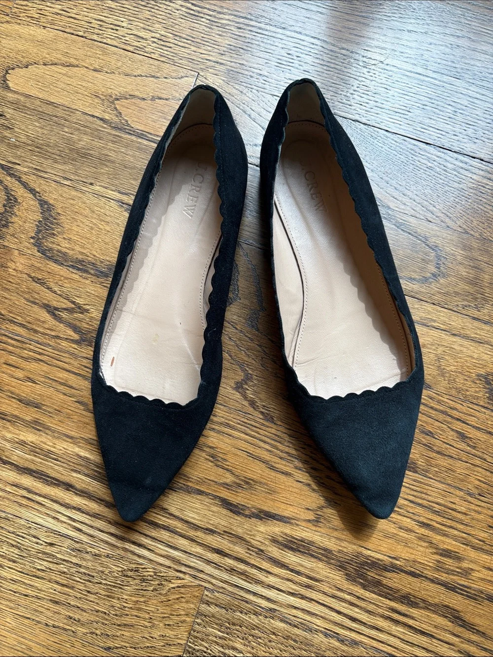 J. Crew Black Scalloped Pointed Toe Flats, 8, suede